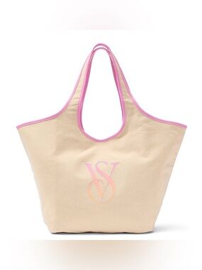Victoria's Secret Beige Canvas Tote with Pink Trim